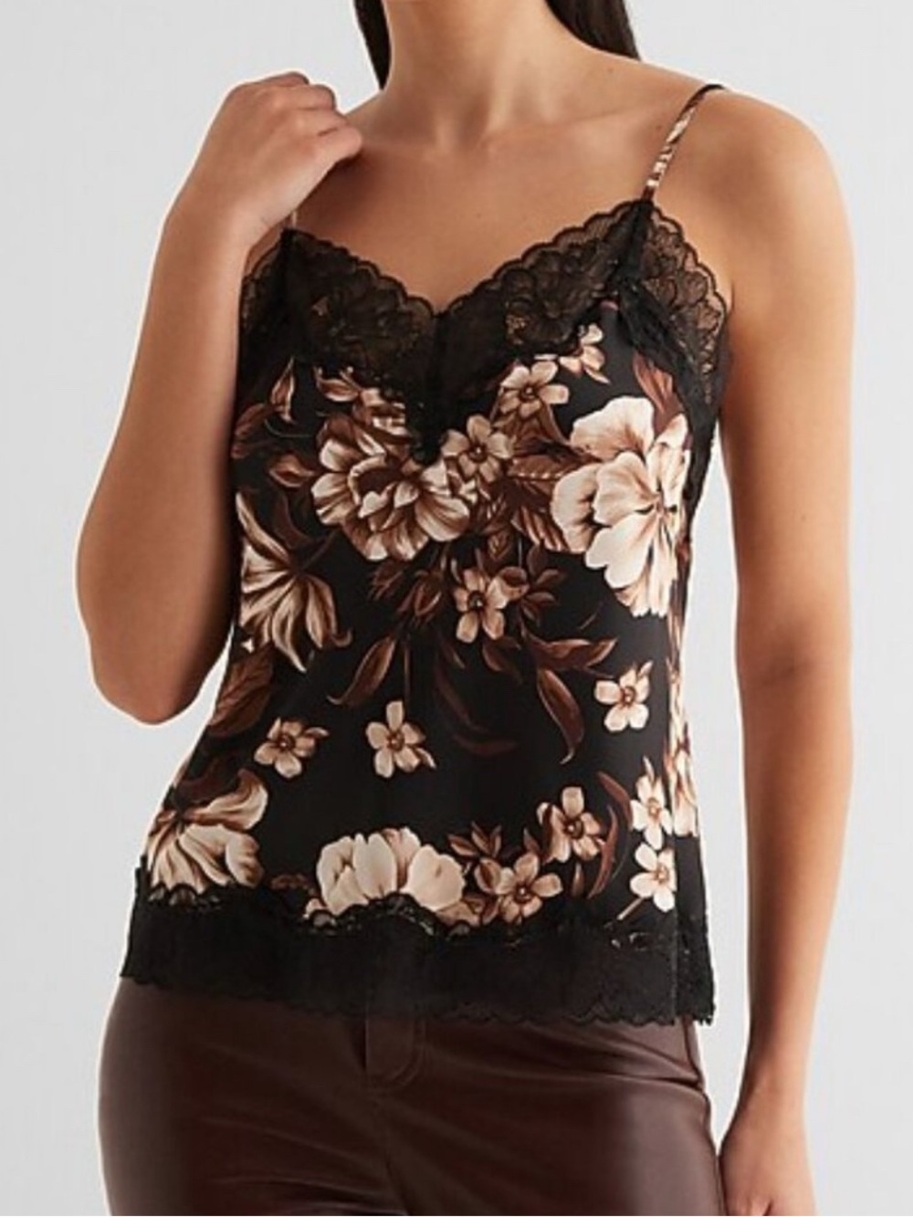 Express Black Floral Lace-Trim Cami with Cream & Tan Blooms